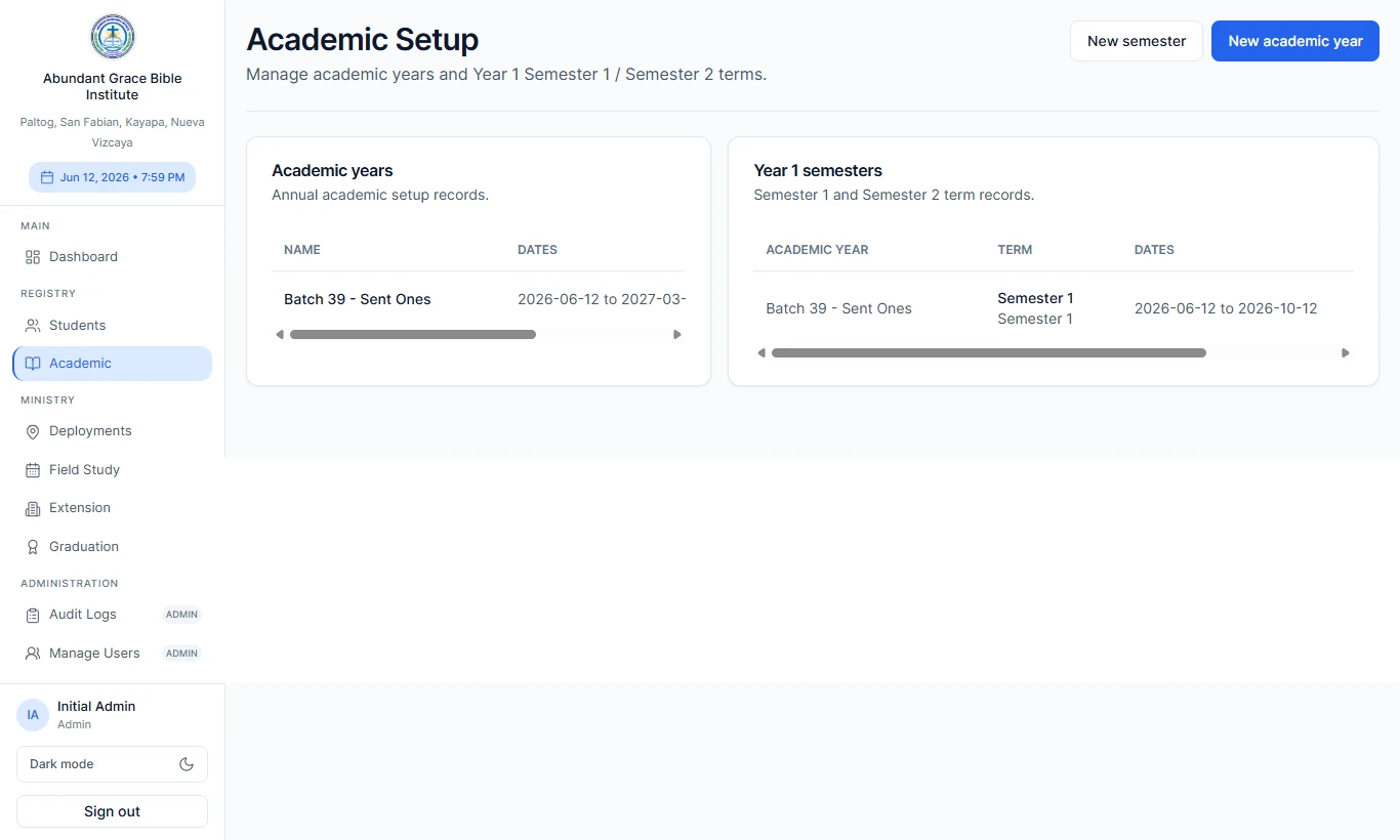 AGBI Portal academic setup showing academic years and Year 1 semesters