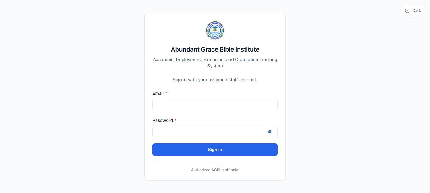AGBI Portal light mode sign-in screen for staff access