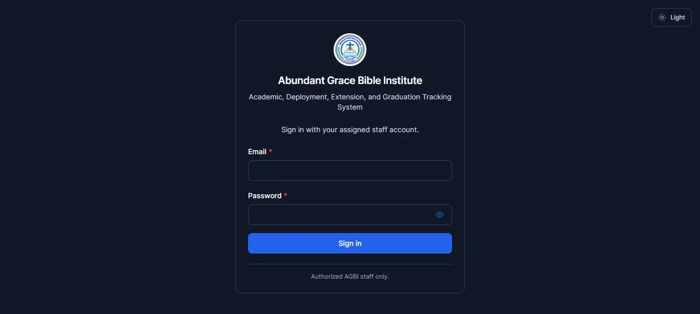 AGBI Portal dark mode sign-in screen for staff access