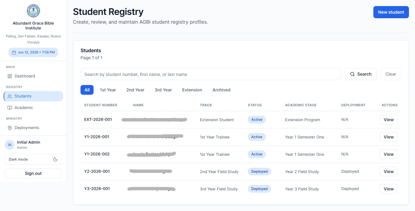 AGBI Portal student registry showing student records and academic stages