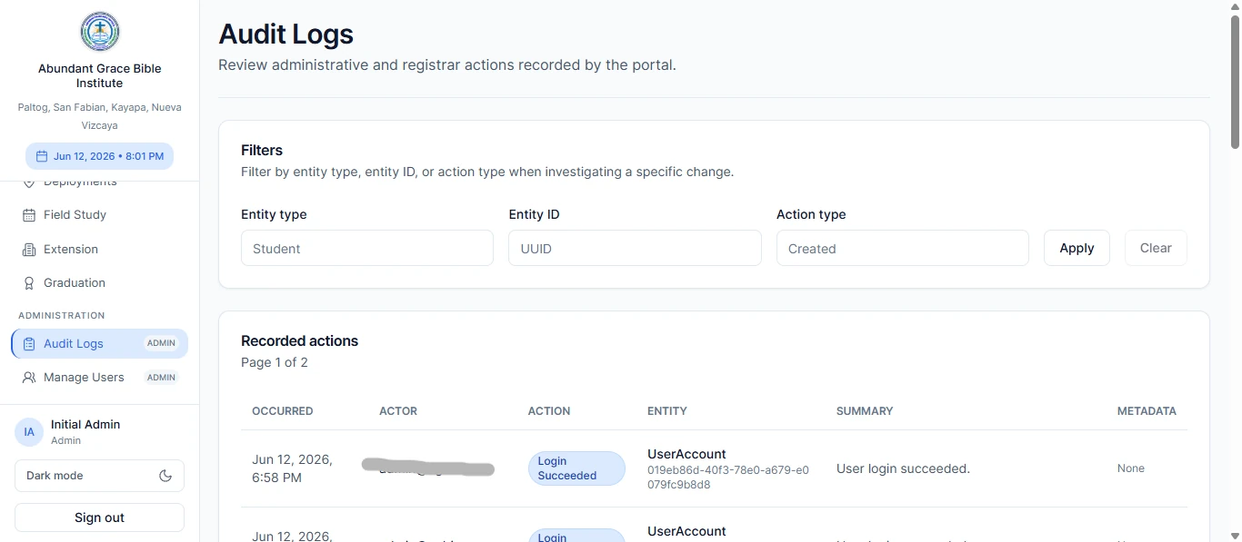 AGBI Portal audit logs showing administrative action history
