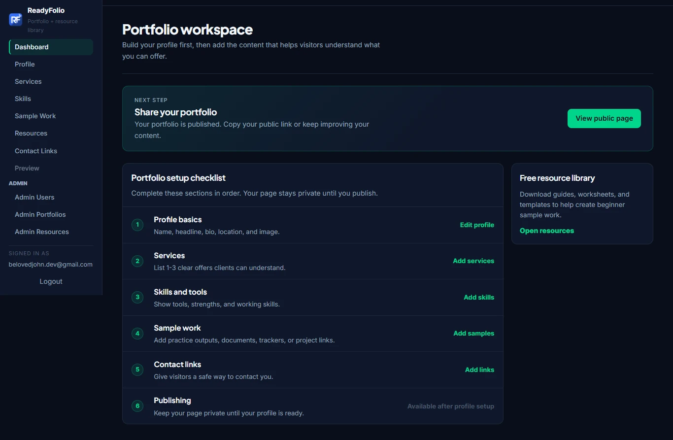 ReadyFolio portfolio workspace showing setup checklist and profile sections