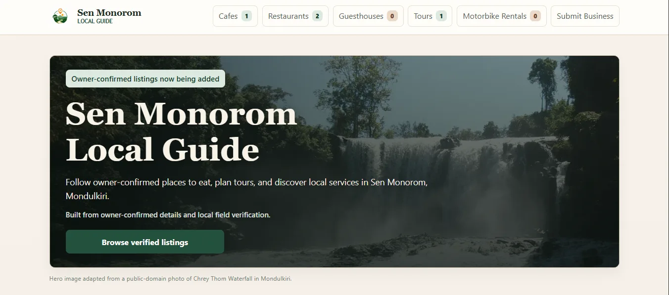 Sen Monorom Local Guide homepage showing a waterfall hero section for local business listings.