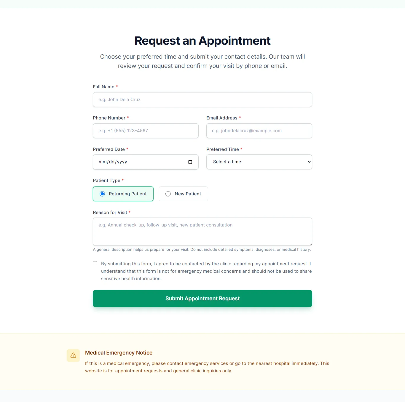 Greenfield Medical demo appointment request form with patient type selection