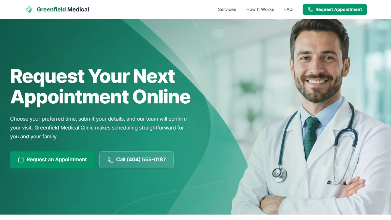 Greenfield Medical demo landing page for an appointment request workflow