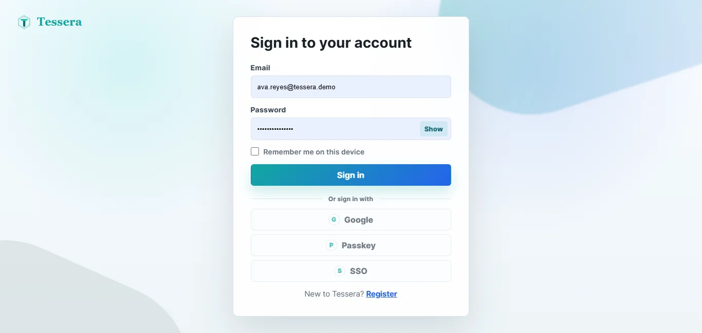 Tessera secure workspace sign-in page