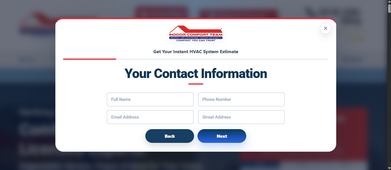 Indoor Comfort Team estimator contact information step
