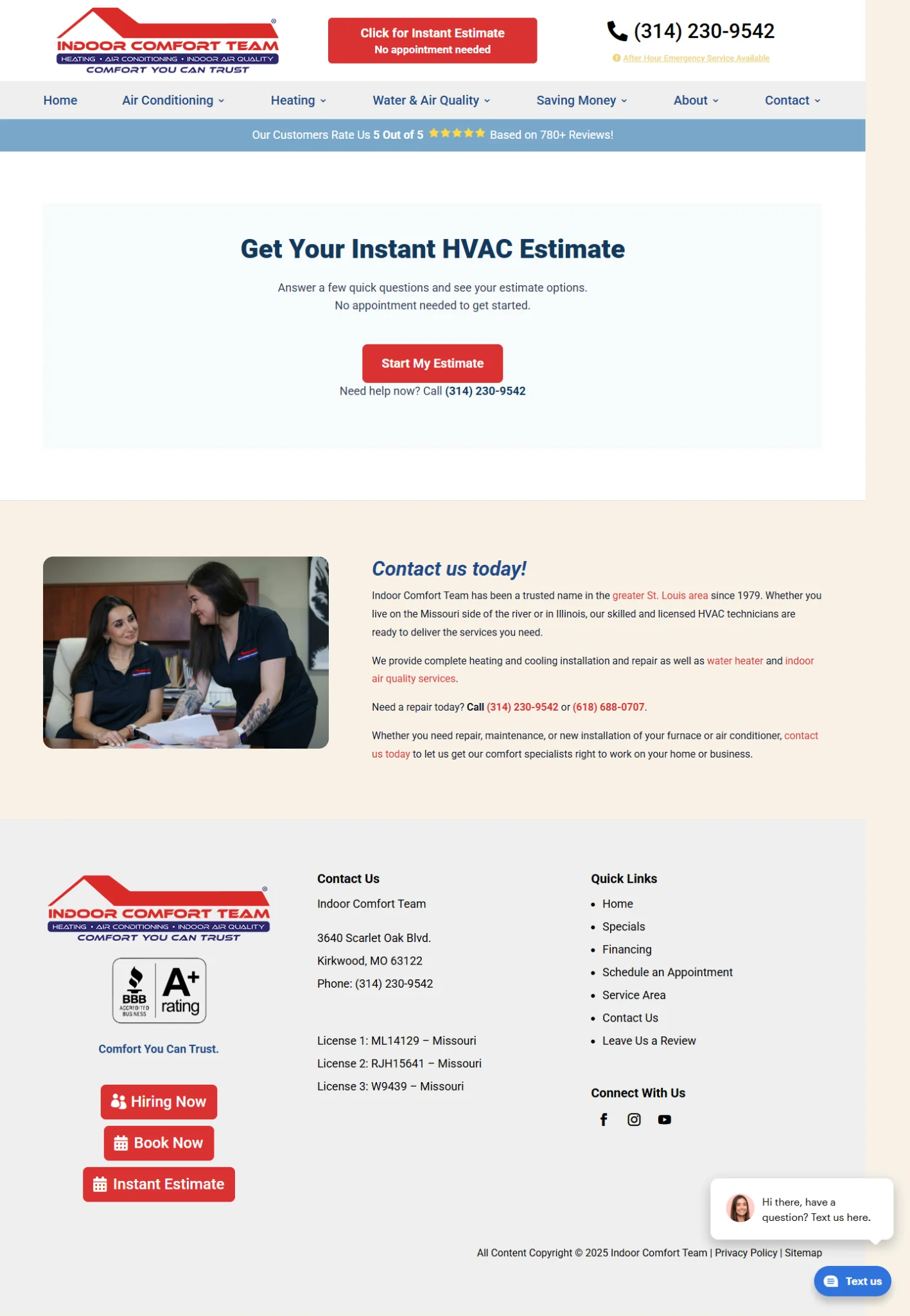 Indoor Comfort Team HVAC estimate entry page
