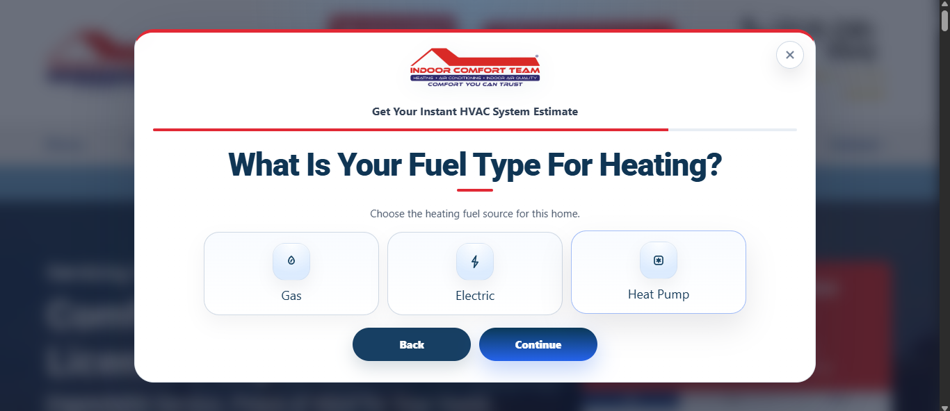 Indoor Comfort Team heating fuel type selection