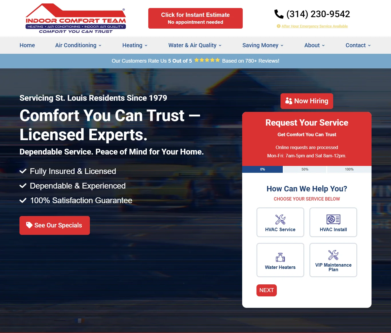 Indoor Comfort Team homepage with HVAC estimator call to action