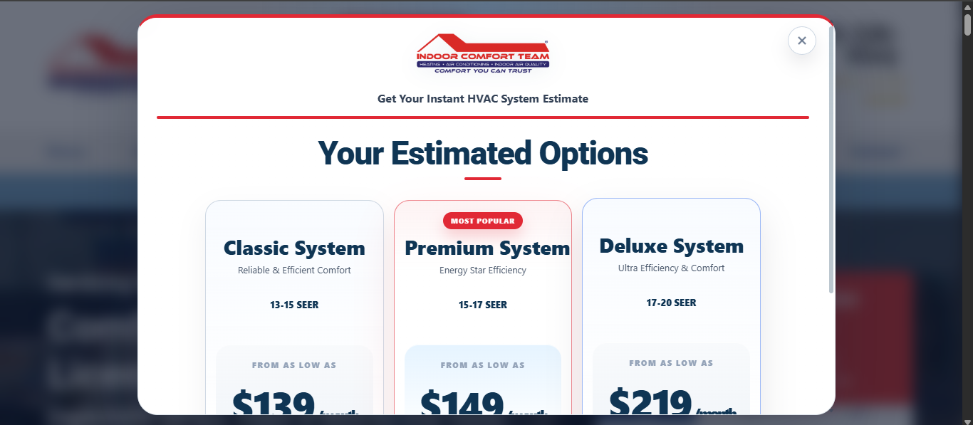 Indoor Comfort Team estimated package options