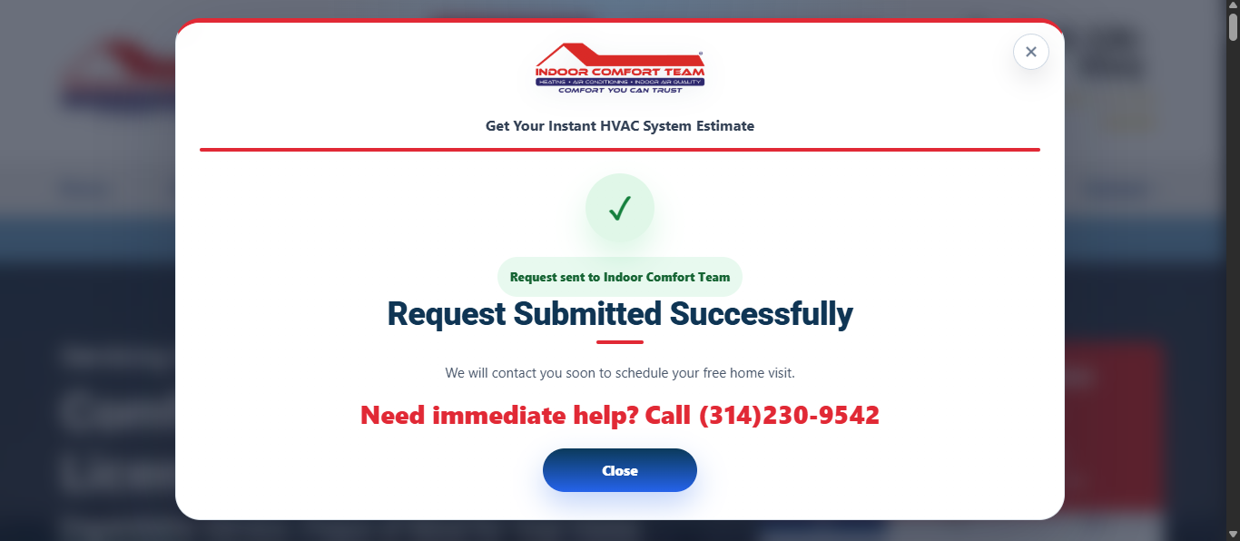 Indoor Comfort Team estimate submission confirmation