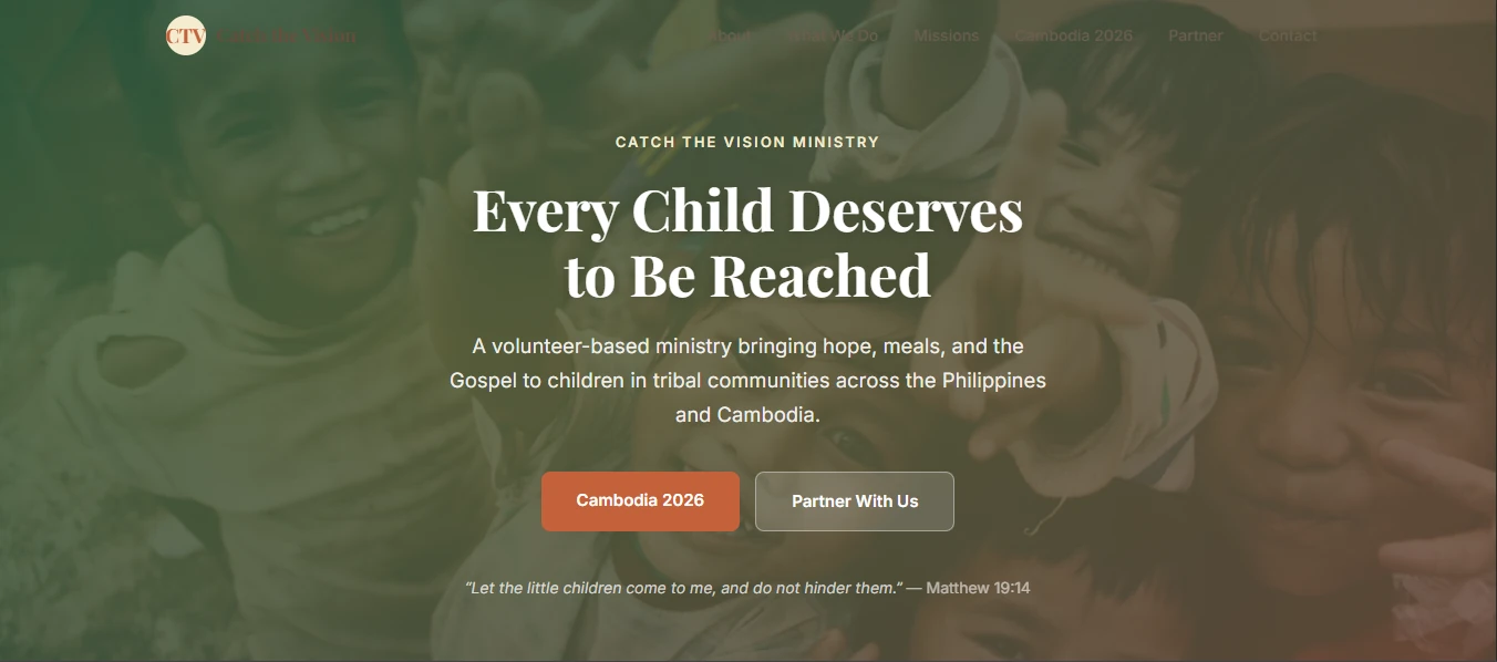 Catch the Vision Ministry website hero section with mission message and partnership calls to action