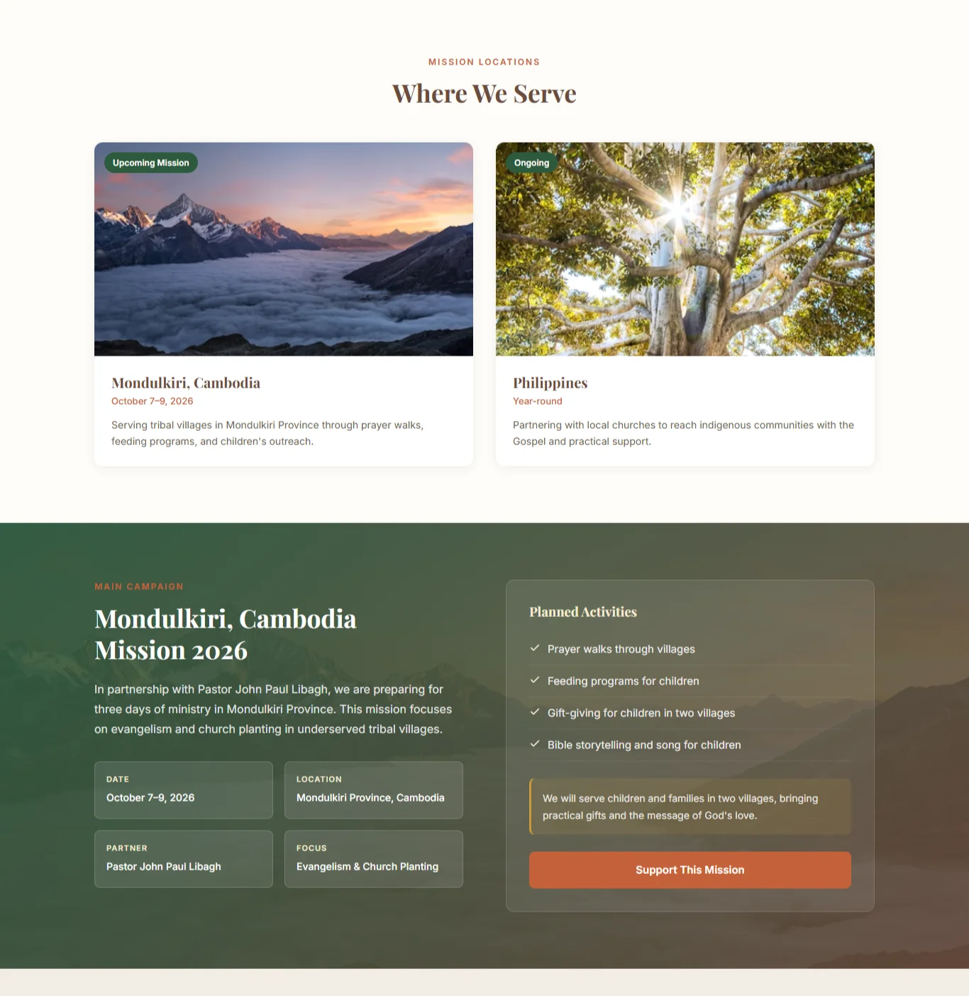 Catch the Vision Ministry mission locations and campaign section