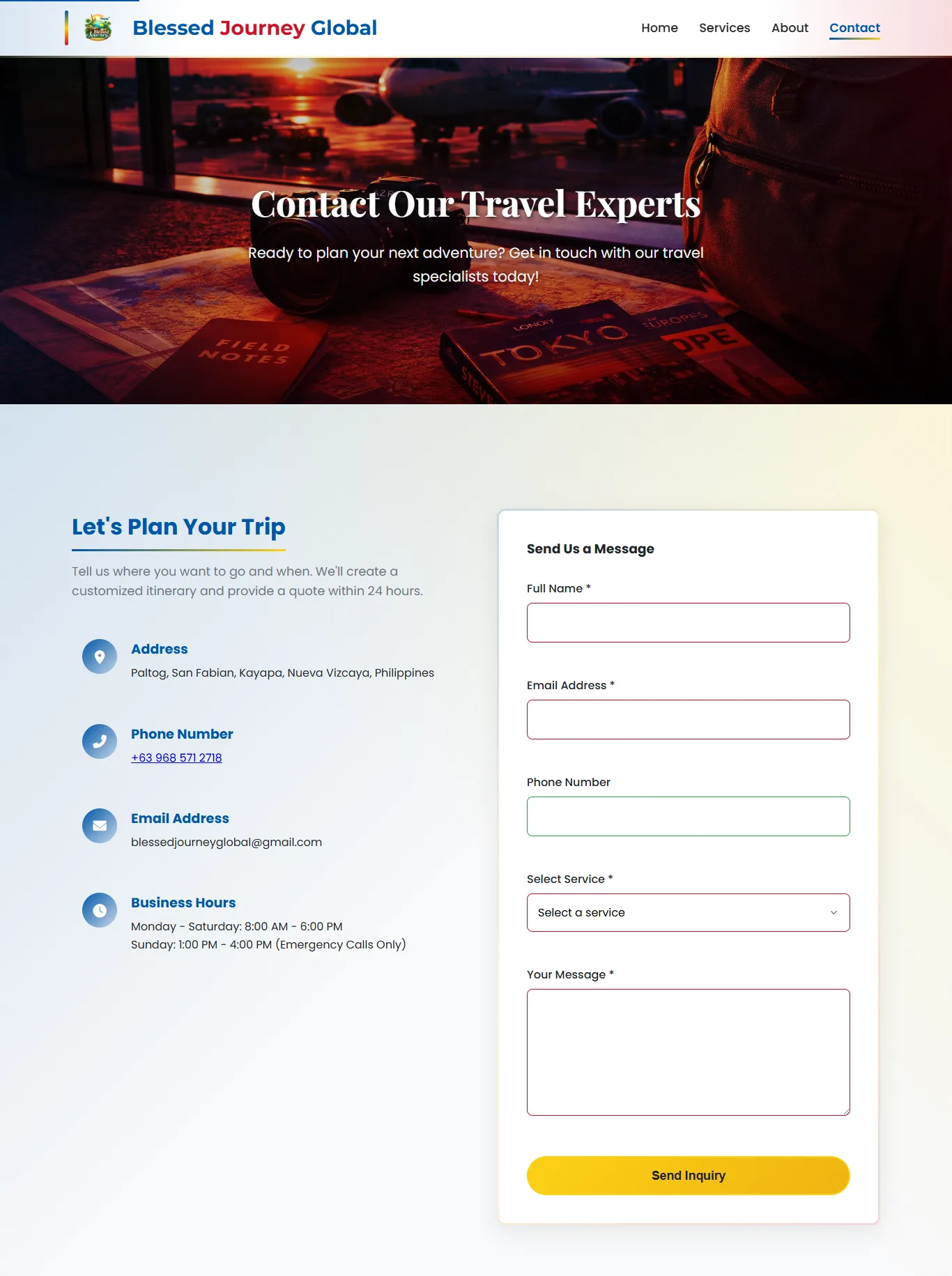 Blessed Journey inquiry form and contact information