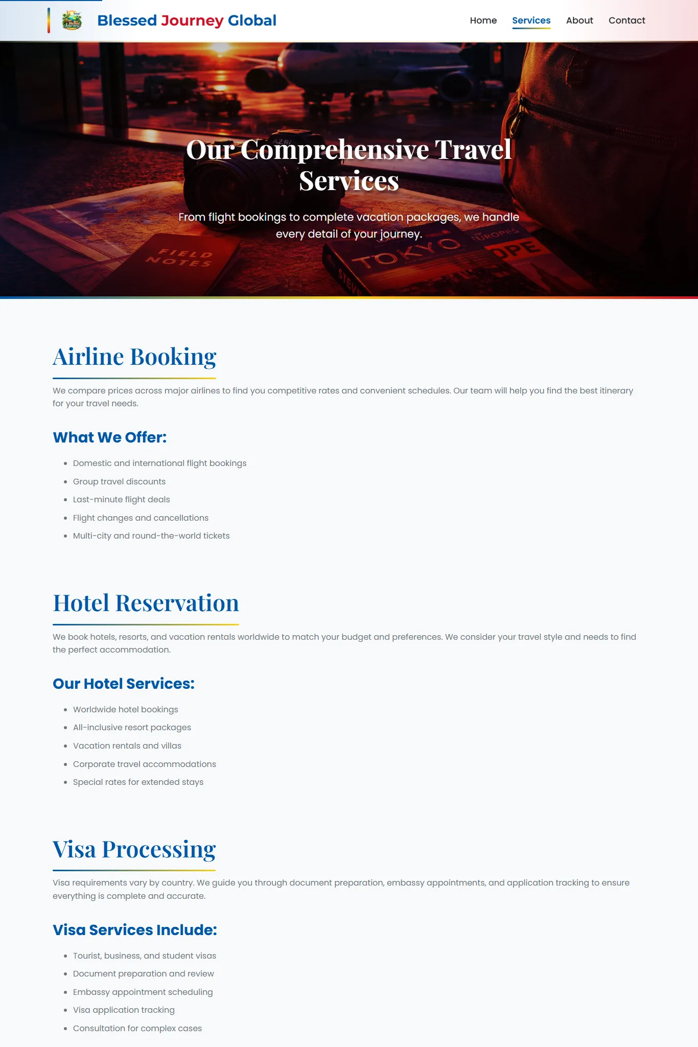 Full Blessed Journey travel services page overview