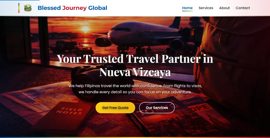 Blessed Journey Global travel agency homepage and quote actions