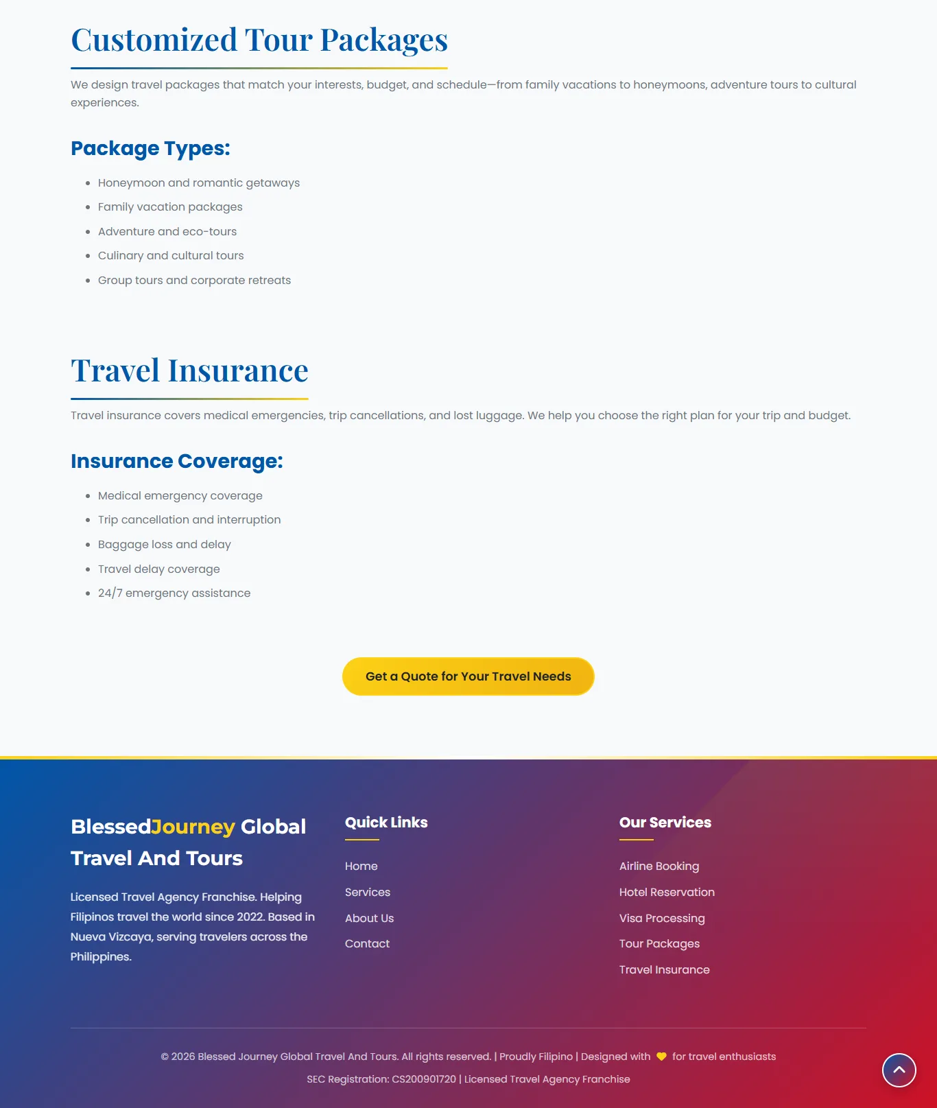 Blessed Journey detailed travel services page