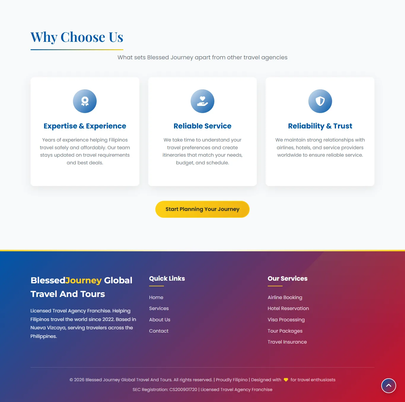 Blessed Journey trust signals and footer