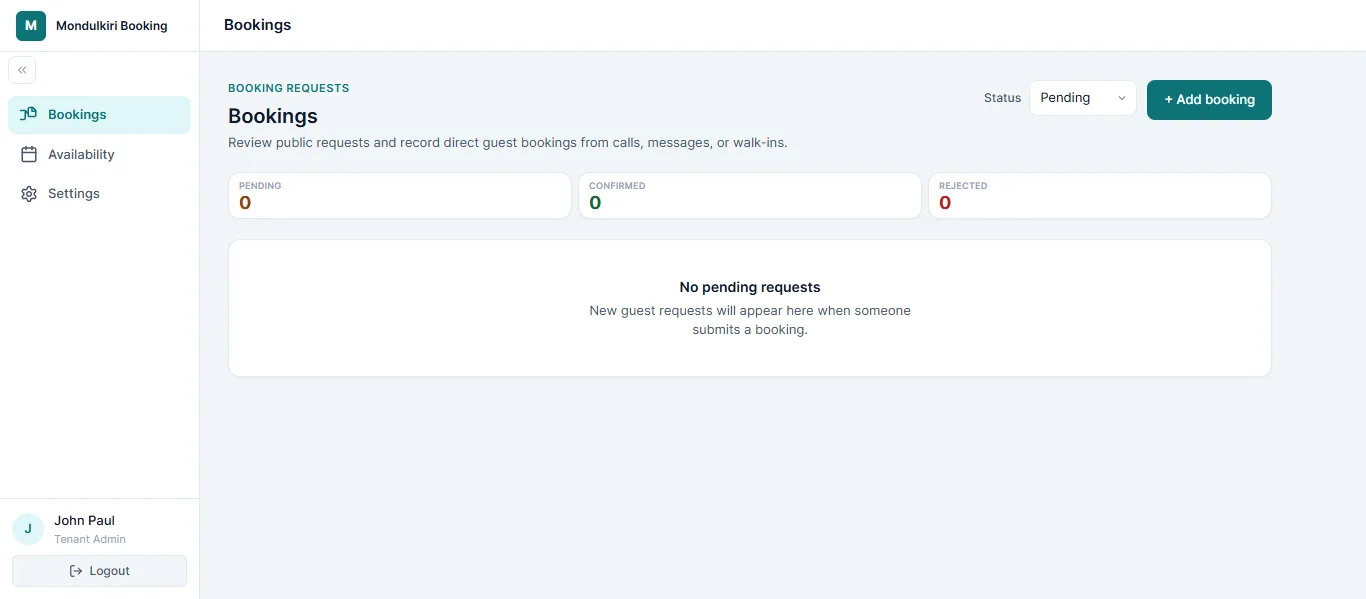 Mondulkiri guesthouse booking request dashboard