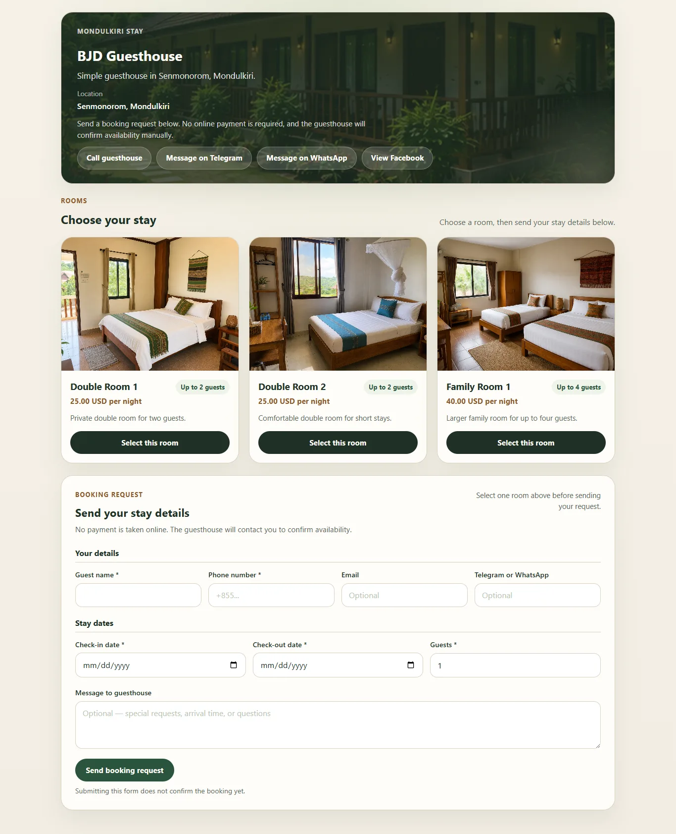 Mondulkiri guesthouse public room selection and booking-request page