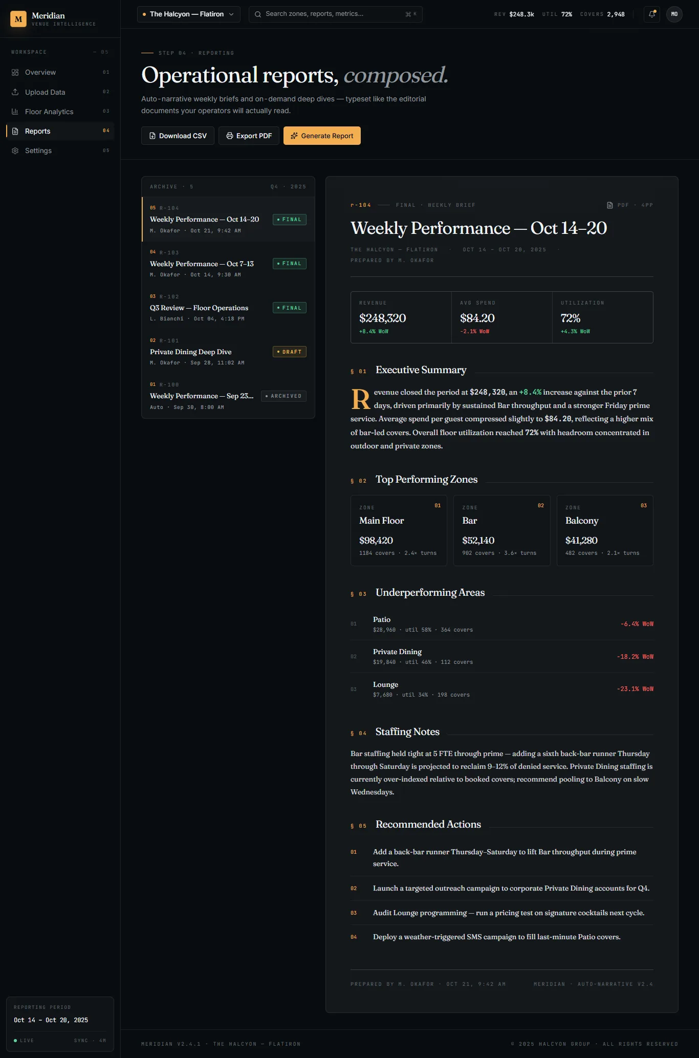 Meridian weekly operational report interface