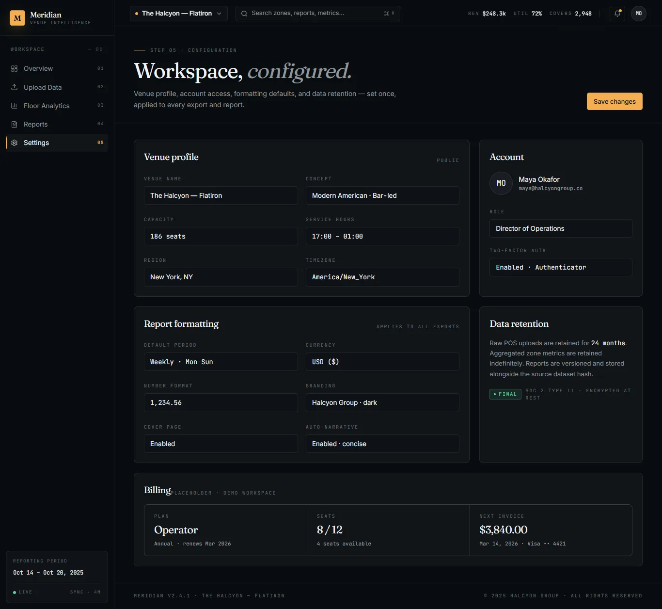 Meridian venue and reporting configuration